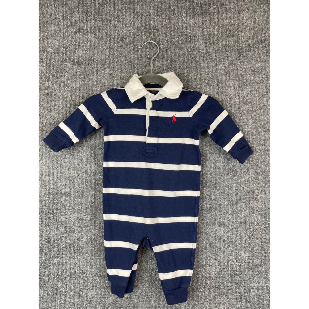 Ralph Lauren Rugby Coverall Baby 6M Navy Blue White Striped LS